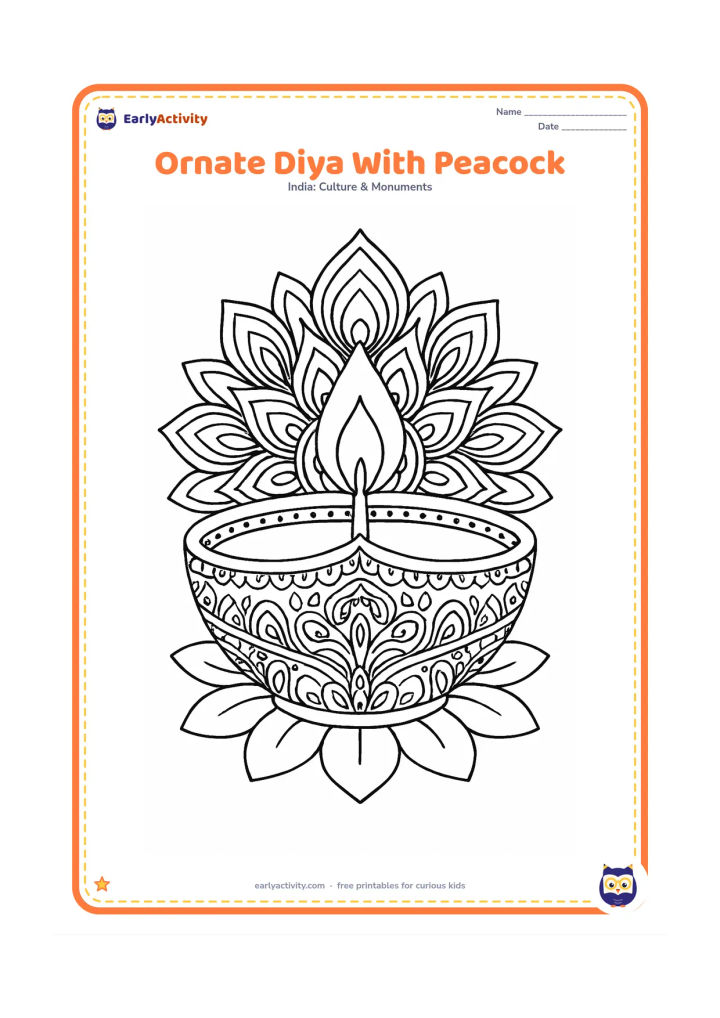 Colouring page: A large lit diya has layered scalloped edges and detailed repeated patterns, with a symmetrical peacock-feather-inspired motif behind the bowl and small petals around the base.