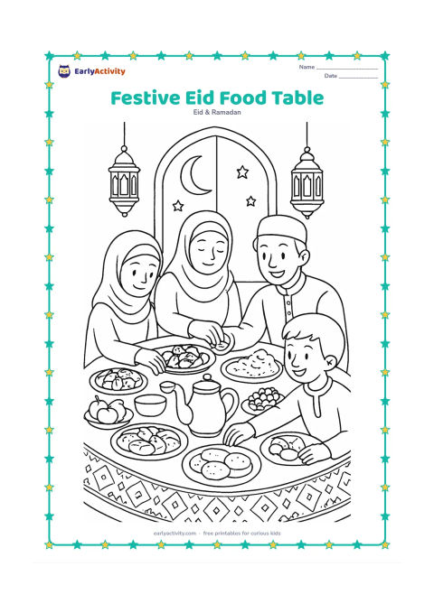 Colouring page: A richly arranged Eid table holds dates, sweets, fruit, bread, rice, serving bowls, cups, and a teapot, with family members reaching in to share the meal. Add a patterned cloth, hanging…