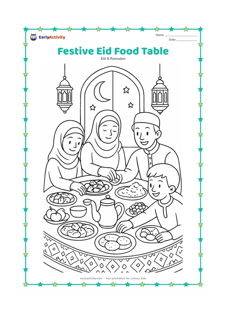 Colouring page: A richly arranged Eid table holds dates, sweets, fruit, bread, rice, serving bowls, cups, and a teapot, with family members reaching in to share the meal. Add a patterned cloth, hanging…