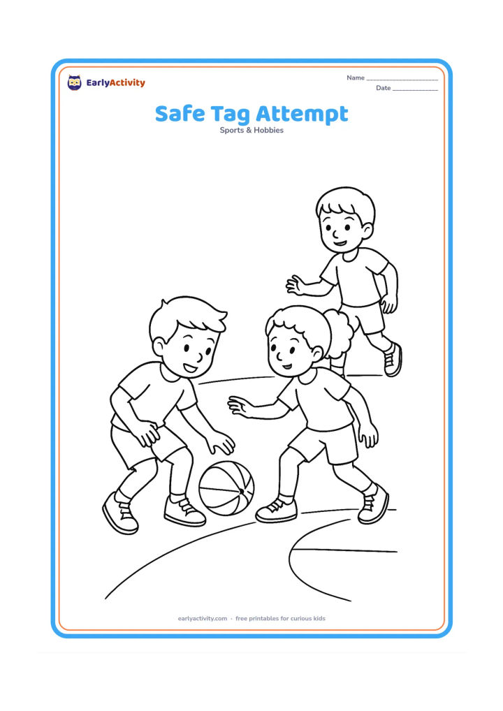 Colouring page: A raider bends low and reaches toward a defender's ankle while the defender steps back carefully. Show a second defender approaching and clear court markings beneath them.