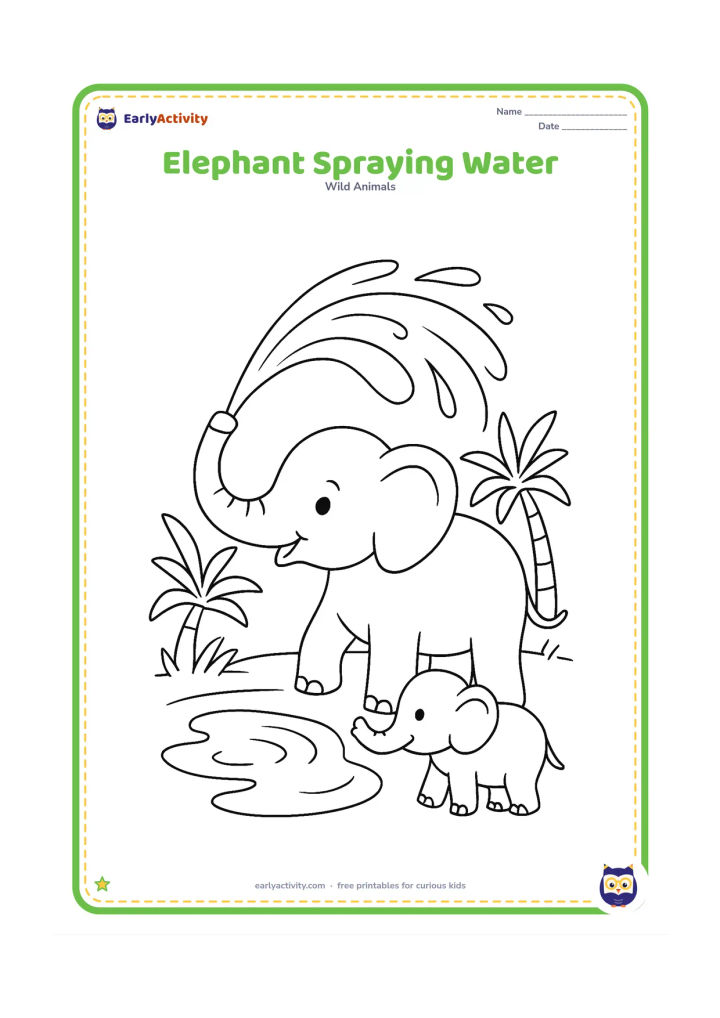 Colouring page: Draw an elephant spraying a gentle arc of water from its trunk into a shallow pool. Add a calf watching nearby, palm-like plants and a few water ripples.