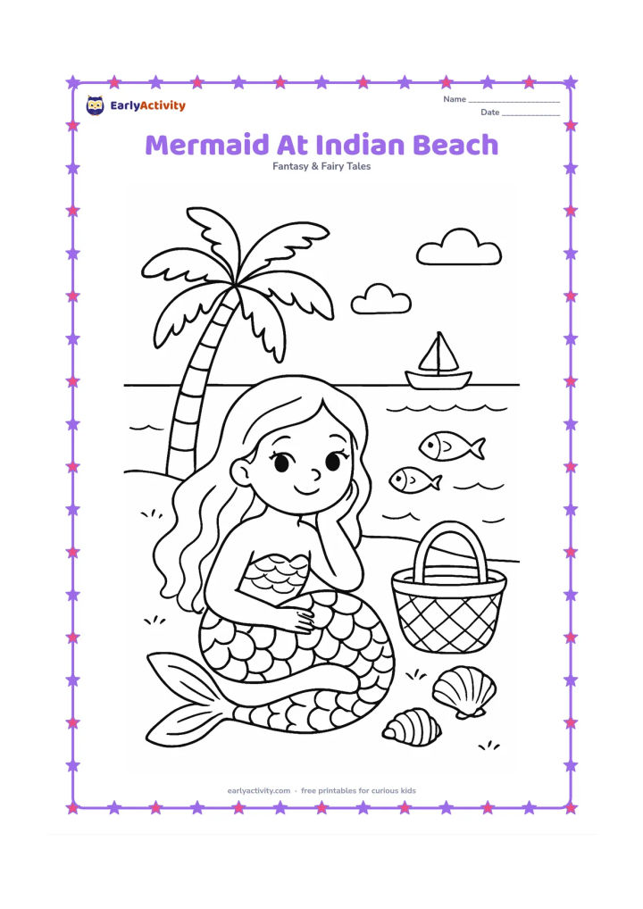 Colouring page: A mermaid rests near a sandy Indian coastline beside a woven beach basket and several seashells. Add gentle waves, a coconut palm, a distant fishing boat and two friendly fish in the water.