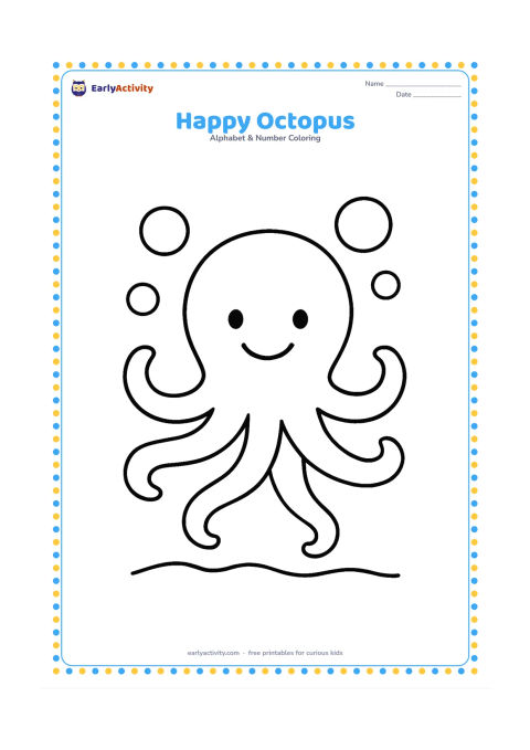 Colouring page: Draw a smiling octopus floating with eight clearly separated, gently curling arms and a few large bubbles around it. Use only a small amount of seabed beneath the octopus.