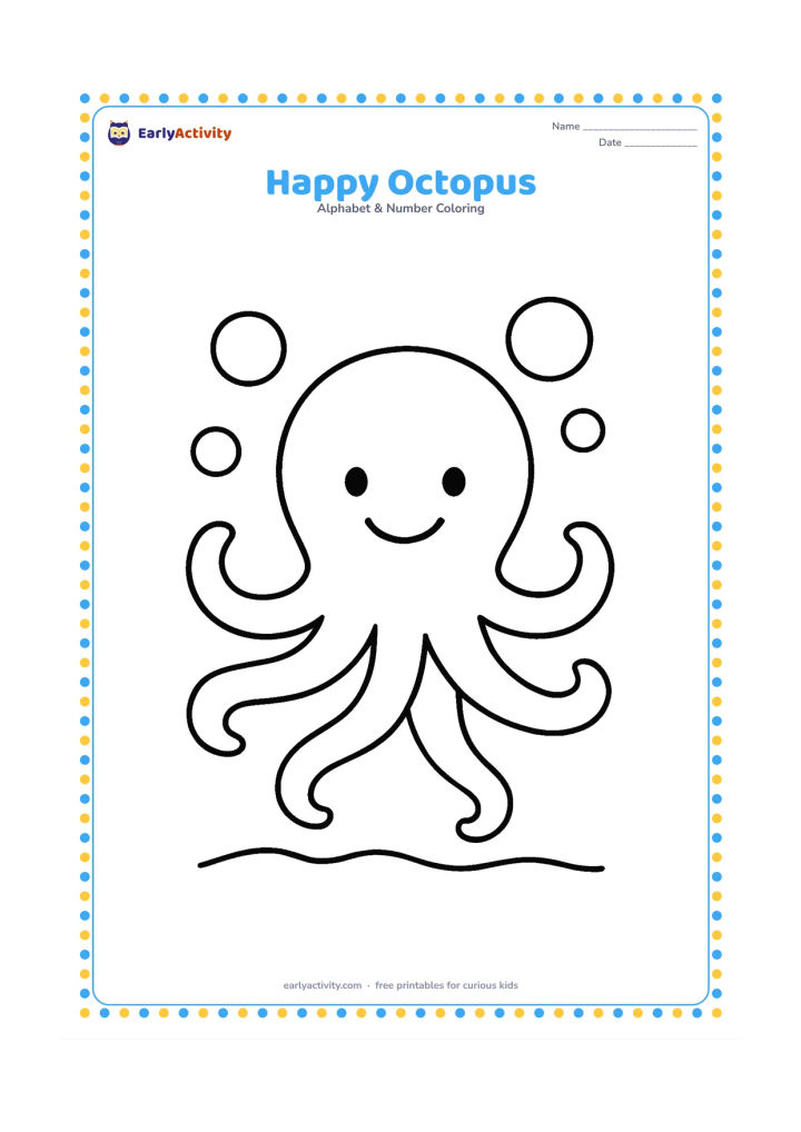Colouring page: Draw a smiling octopus floating with eight clearly separated, gently curling arms and a few large bubbles around it. Use only a small amount of seabed beneath the octopus.