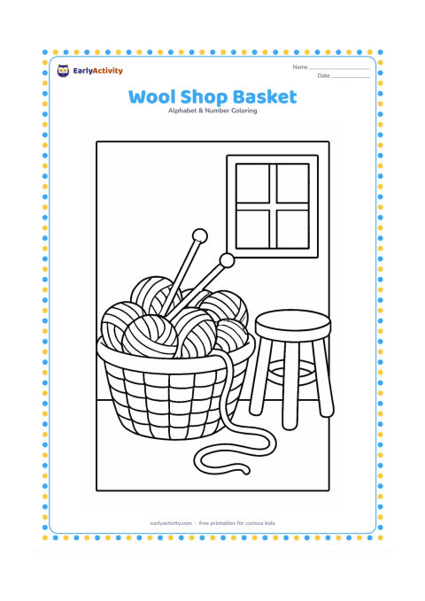 Colouring page: Draw a woven basket overflowing with balls of wool, with one loose strand curling around a pair of large knitting needles. Place it beside a simple stool and a window.