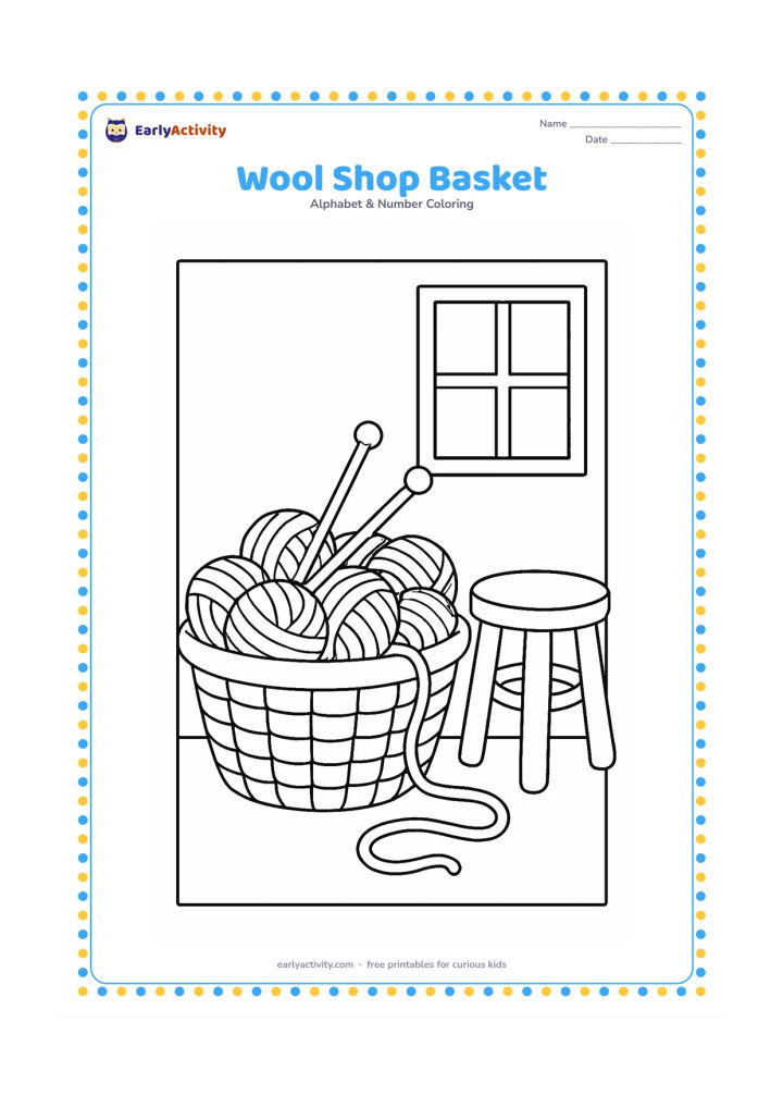 Colouring page: Draw a woven basket overflowing with balls of wool, with one loose strand curling around a pair of large knitting needles. Place it beside a simple stool and a window.