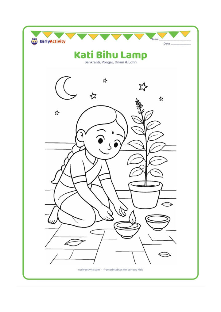 Colouring page: Draw a child placing a small earthen lamp near a tulsi plant during Kati Bihu. Show the evening sky, a simple courtyard, a few leaves, and a second unlit lamp nearby.