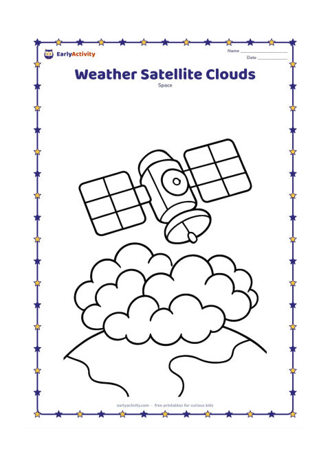 Colouring page: Draw a weather satellite above a large group of fluffy clouds over a curved part of Earth. Add a broad solar panel on each side and a simple dish pointed toward the clouds.