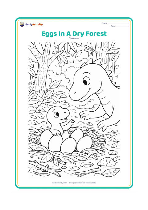 Colouring page: A nest of varied oval eggs rests among dry forest leaves, fallen branches, seed pods, and rocks. A friendly dinosaur parent reaches gently toward a hatchling beside the nest, with…