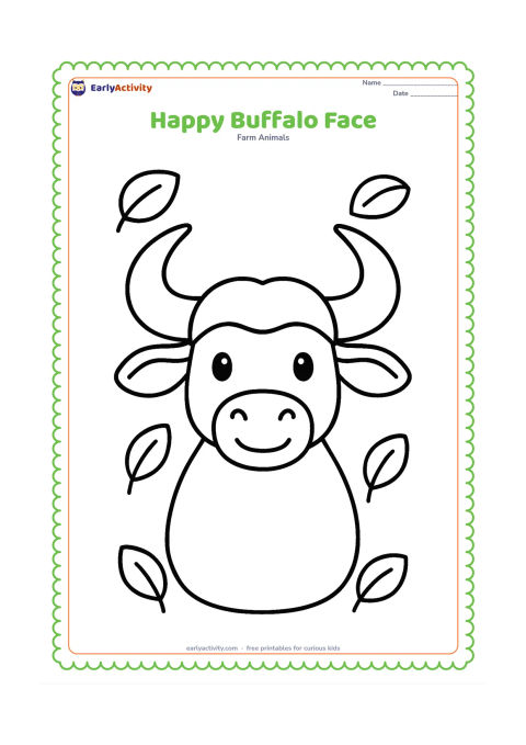Colouring page: Draw a friendly front-facing buffalo head and shoulders with wide horns, large eyes, ears and a simple smiling mouth. Add a few rounded leaves around the edges without covering the face.