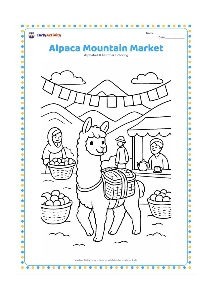 Colouring page: Draw a friendly alpaca carrying woven packs through an Indian hill market, with a few people, baskets of fruit, a tea stall, mountain slopes, and prayer-flag-shaped bunting without any…