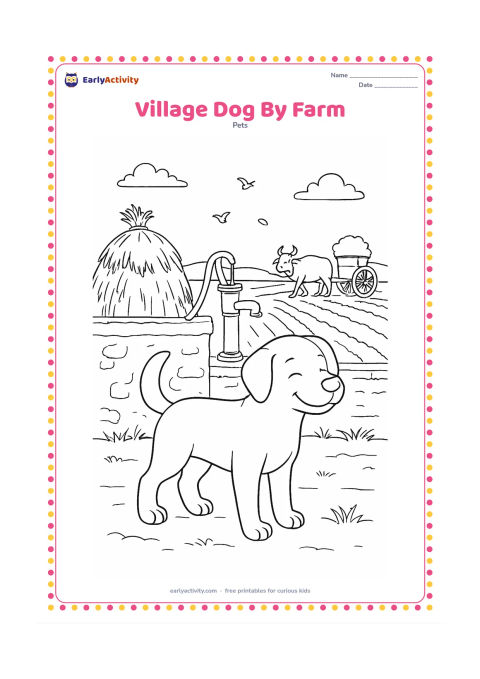 Colouring page: Draw a contented dog standing near an Indian village farm with a low mud wall, hay bundles, a water pump, and a bullock cart in the distance. Add crop rows and a few birds while keeping…