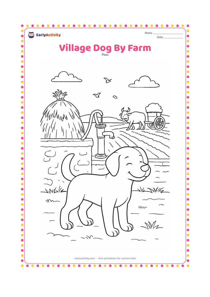 Colouring page: Draw a contented dog standing near an Indian village farm with a low mud wall, hay bundles, a water pump, and a bullock cart in the distance. Add crop rows and a few birds while keeping…