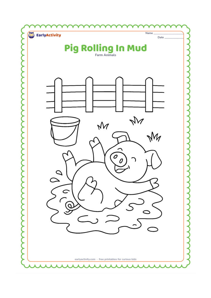 Colouring page: A pig rolls happily on its side in a wide mud patch, with its legs in the air and curly tail visible. Add a water bucket, grass tufts and a fence in the background.
