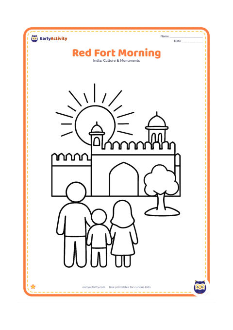 Colouring page: Draw the Red Fort at sunrise with a large rising sun behind the wall, a central gate, two domes and one tree. A family of three stands in the foreground looking toward the monument.