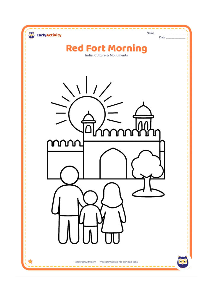 Colouring page: Draw the Red Fort at sunrise with a large rising sun behind the wall, a central gate, two domes and one tree. A family of three stands in the foreground looking toward the monument.
