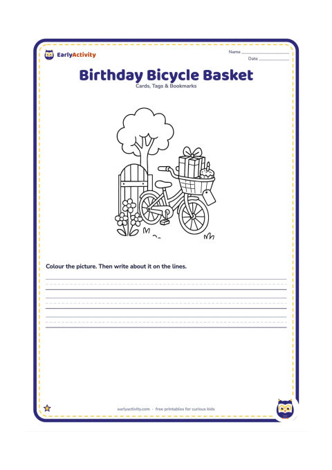 Worksheet: Draw a child's bicycle with a front basket carrying a wrapped present and a small cake, parked beside a garden gate. Add flowers, a tree, and a blank tag hanging from the basket.