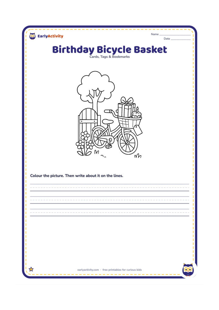 Worksheet: Draw a child's bicycle with a front basket carrying a wrapped present and a small cake, parked beside a garden gate. Add flowers, a tree, and a blank tag hanging from the basket.