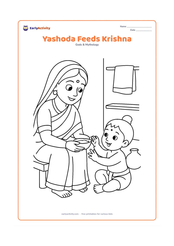 Colouring page: Mother Yashoda sits on a low seat and offers a small bowl of butter to baby Krishna, who reaches toward it. Add a matki, a simple shelf and a hanging cloth in the home background.