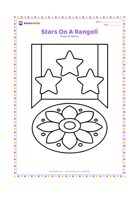 Colouring page: Three large five-point stars sit around a simple circular rangoli made from broad petals and dots on the floor of an Indian home entrance.