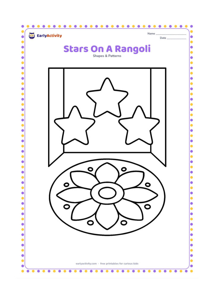 Colouring page: Three large five-point stars sit around a simple circular rangoli made from broad petals and dots on the floor of an Indian home entrance.