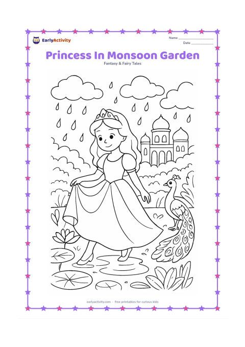 Colouring page: Draw a princess holding her skirt slightly as she steps over a puddle in a palace garden. Add lotus leaves, a peacock standing peacefully, wet foliage, and layered rain clouds.