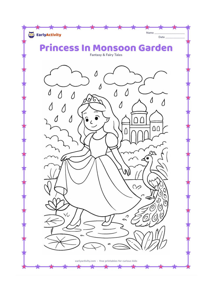 Colouring page: Draw a princess holding her skirt slightly as she steps over a puddle in a palace garden. Add lotus leaves, a peacock standing peacefully, wet foliage, and layered rain clouds.