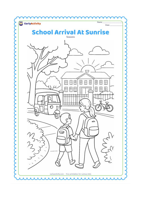 Colouring page: A child and parent walk toward an Indian school at sunrise while an auto-rickshaw drops off two other children nearby. Show a leafy street, a gate, a bicycle, morning clouds and a school…