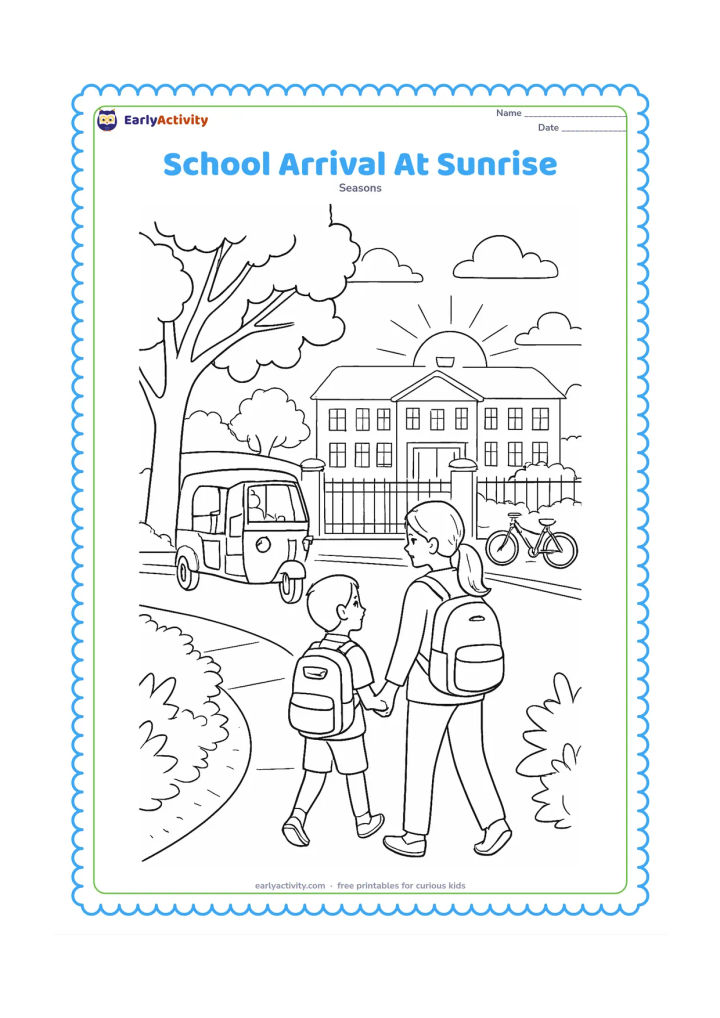 Colouring page: A child and parent walk toward an Indian school at sunrise while an auto-rickshaw drops off two other children nearby. Show a leafy street, a gate, a bicycle, morning clouds and a school…