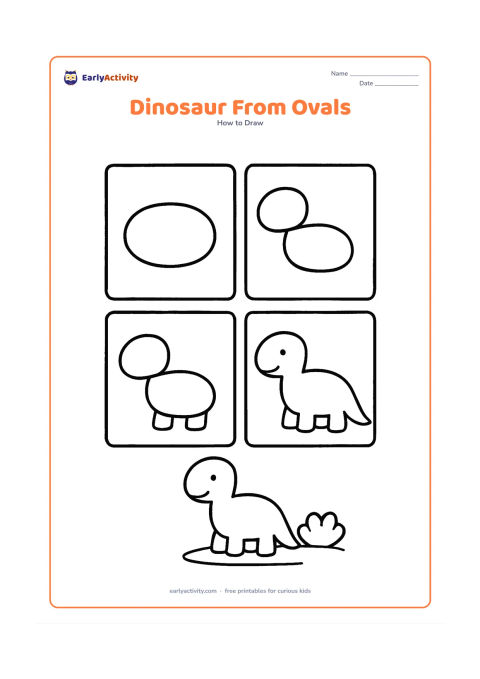 Worksheet: Show a friendly side-view dinosaur being built from a large body oval, smaller head oval, four short legs, and a curved tail in a few unlabeled step panels. Finish with the dinosaur…