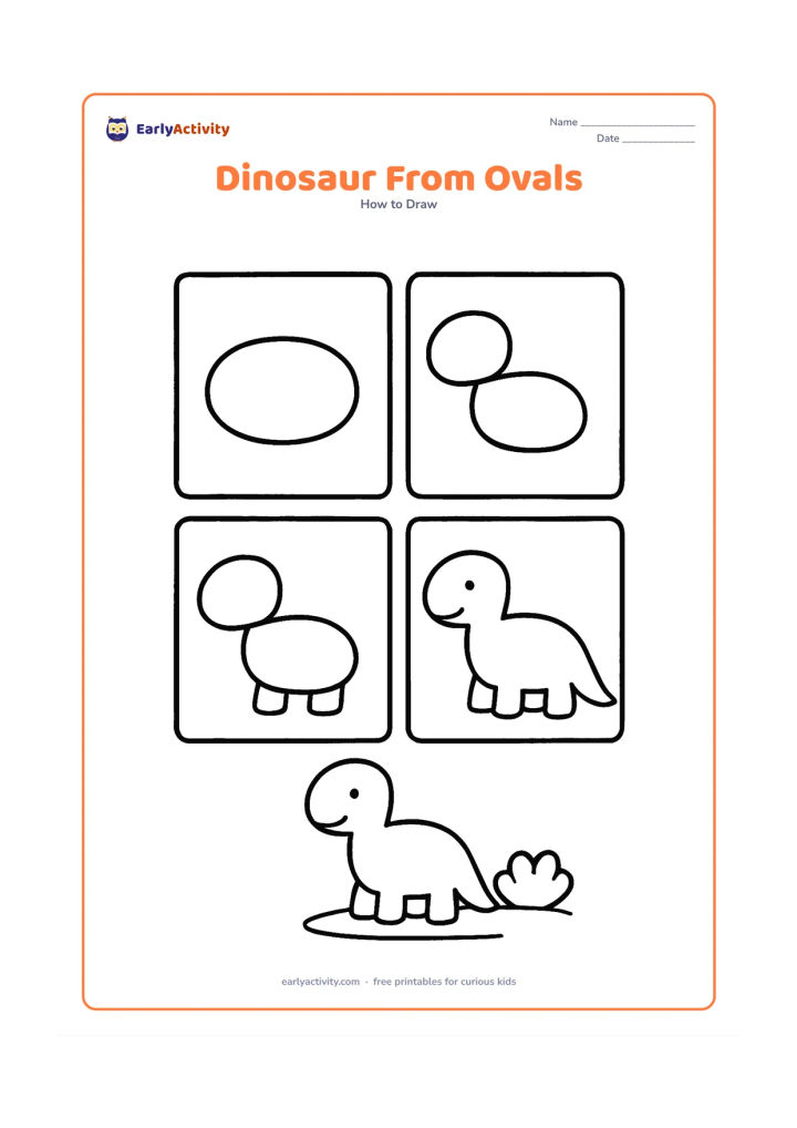 Worksheet: Show a friendly side-view dinosaur being built from a large body oval, smaller head oval, four short legs, and a curved tail in a few unlabeled step panels. Finish with the dinosaur…