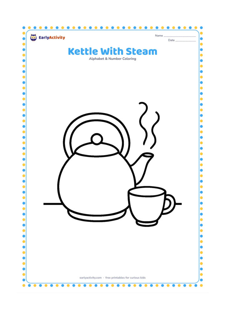 Colouring page: A round kitchen kettle sits on a table with its handle, spout and lid clearly visible. Add two gentle curls of steam above it and a small cup beside it.