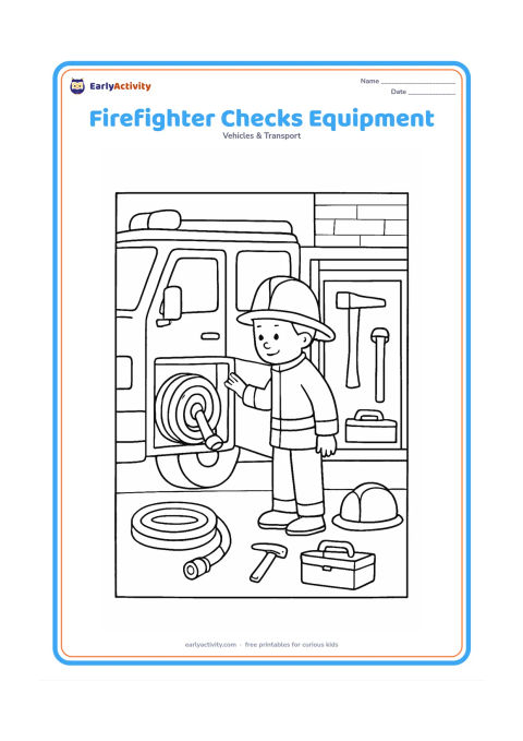 Colouring page: Draw a firefighter inspecting an open side compartment of a fire truck, with a hose, helmet, axe-shaped rescue tool and toolbox arranged neatly nearby. Include the truck cab, wheels and…