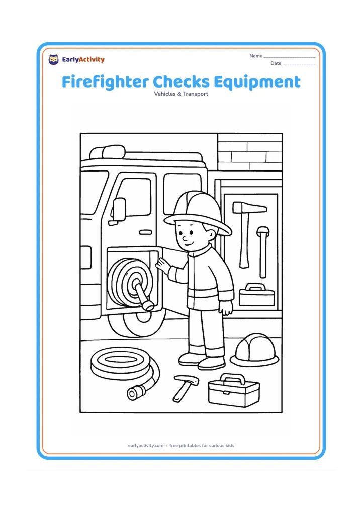 Colouring page: Draw a firefighter inspecting an open side compartment of a fire truck, with a hose, helmet, axe-shaped rescue tool and toolbox arranged neatly nearby. Include the truck cab, wheels and…