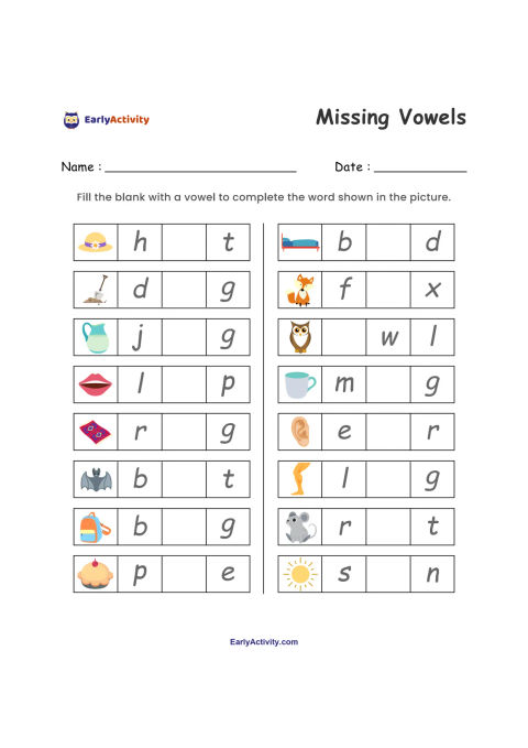 Worksheet with picture clues and short words missing vowels, including hat, dog, jug, lip, rug, bat, bag, bed, fox, owl, mug, ear, leg, rat and sun.