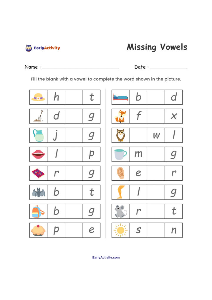 Worksheet with picture clues and short words missing vowels, including hat, dog, jug, lip, rug, bat, bag, bed, fox, owl, mug, ear, leg, rat and sun.