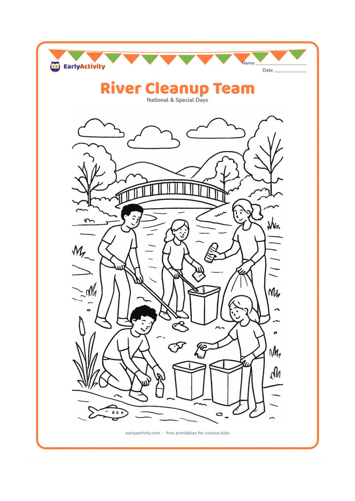 Colouring page: Draw a diverse group of older children and adults cleaning a riverside, sorting collected waste into plain containers while leaving fish and reeds undisturbed. Include a footbridge,…