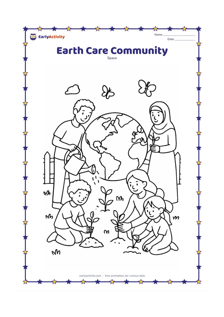 Colouring page: A group of children and adults plant saplings around a large Earth in a community garden, with a watering can, compost pile, butterflies and a simple fence. Show diverse people working…