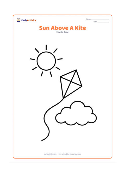 Worksheet: Draw a large sun high in the sky with short rays, a simple diamond-shaped kite below it and one long curved kite string. Include one large soft cloud.