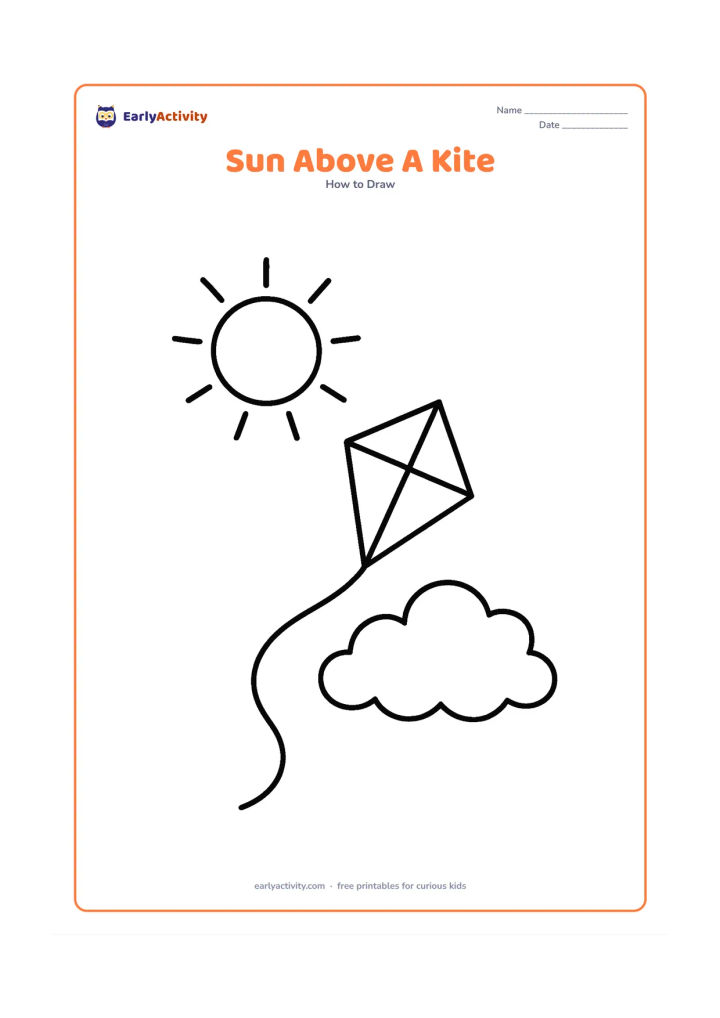 Worksheet: Draw a large sun high in the sky with short rays, a simple diamond-shaped kite below it and one long curved kite string. Include one large soft cloud.