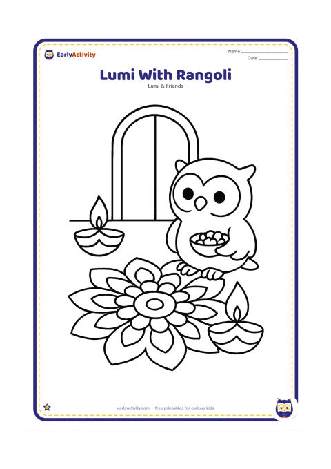 Colouring page: Lumi sits beside a large, simple rangoli made from circles, petals and curved shapes, holding a small bowl of flower petals. Add two large diyas and a clean doorway behind the owl.