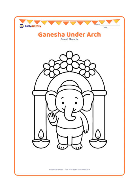 Colouring page: A smiling Ganesha stands beneath a broad festival arch decorated with three large flowers. Place two diyas at the bottom corners.
