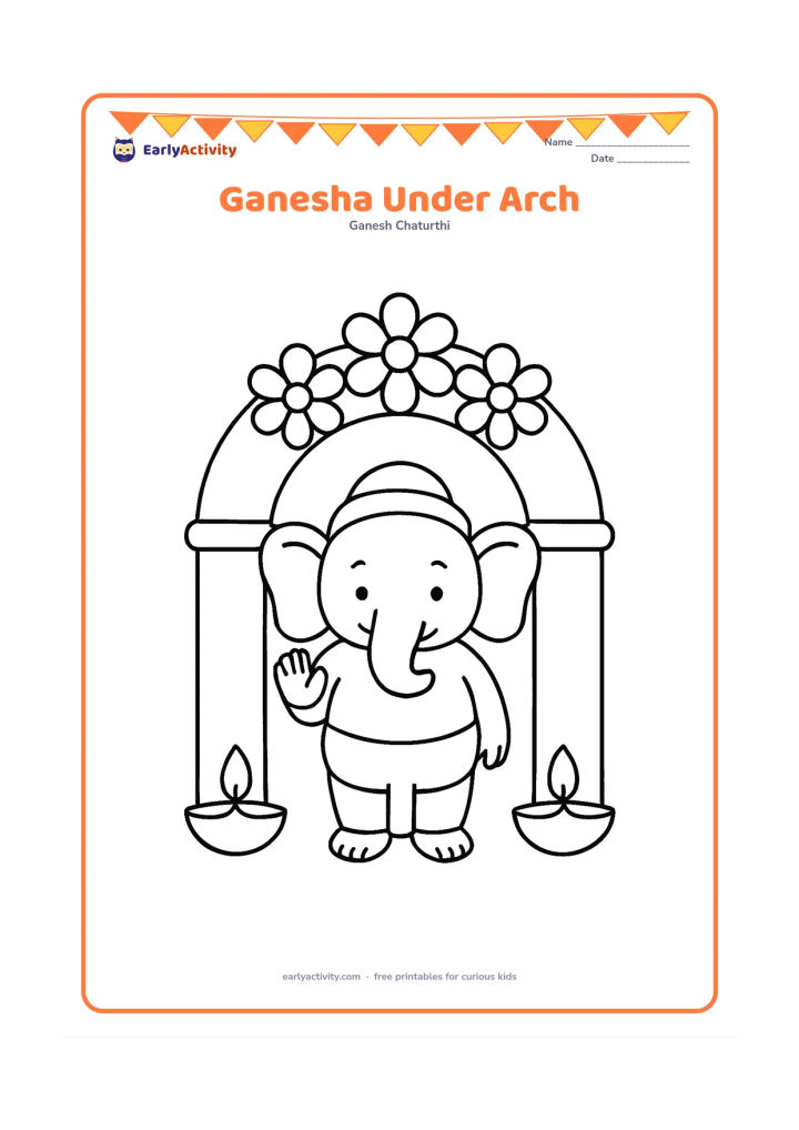 Colouring page: A smiling Ganesha stands beneath a broad festival arch decorated with three large flowers. Place two diyas at the bottom corners.