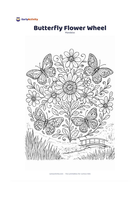 Colouring page: Build a wheel-shaped mandala from layered daisies, cosmos, leaves and curling stems, with butterflies placed symmetrically between each floral segment. Add a meadow horizon, tall grasses…