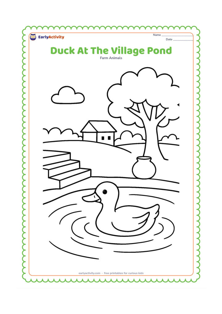 Colouring page: A duck swims near the edge of an Indian village pond, with stone steps leading to the water, a clay pot on the bank and a simple leafy tree. Add gentle ripples around the duck.