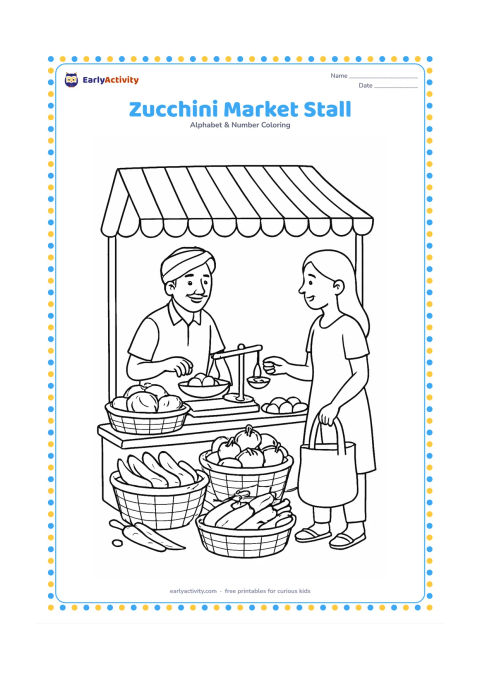 Colouring page: Draw an Indian vegetable market stall with baskets of zucchini, a vendor weighing vegetables on a traditional balance and a customer carrying a cloth bag. Add a striped awning, stacked…