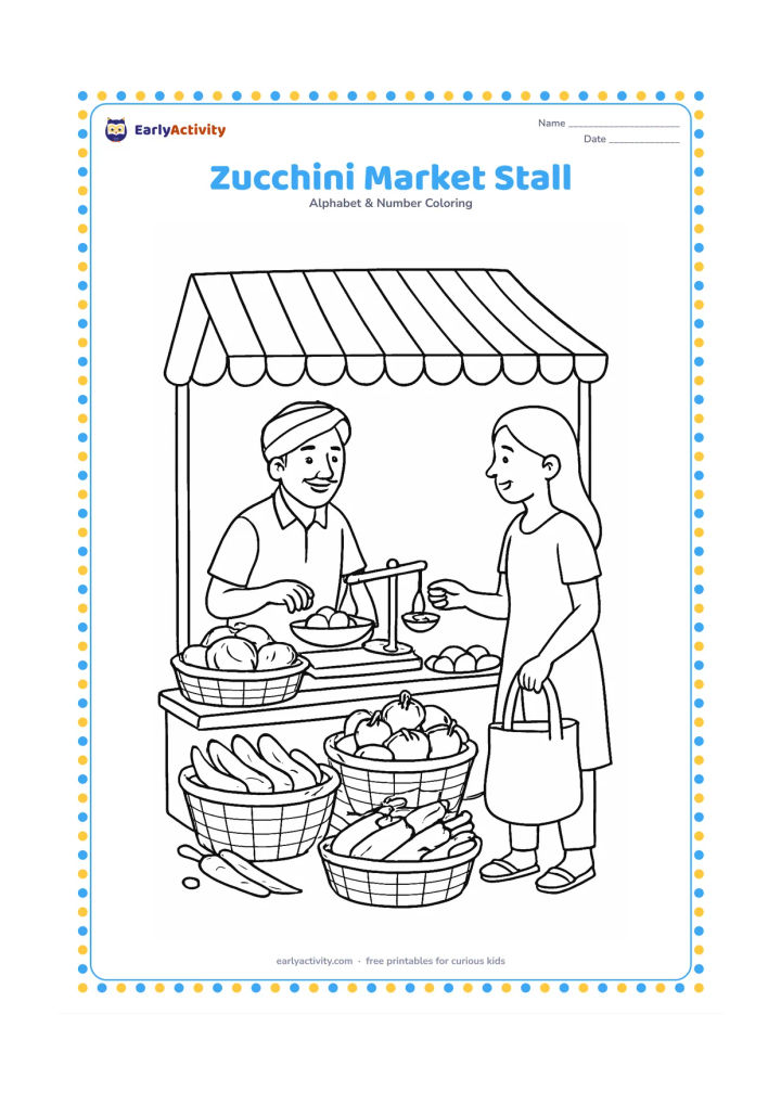 Colouring page: Draw an Indian vegetable market stall with baskets of zucchini, a vendor weighing vegetables on a traditional balance and a customer carrying a cloth bag. Add a striped awning, stacked…