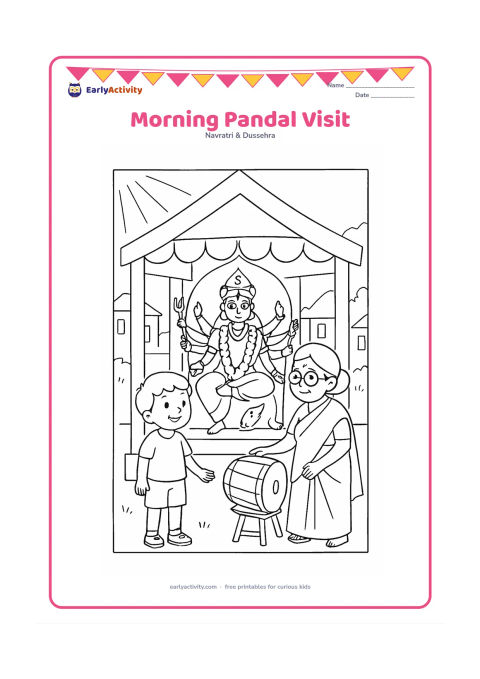 Colouring page: A child and grandparent visit a quiet morning pandal with a Durga idol, fresh flower garlands, a dhak resting on a stand, and sunlight entering through the open sides. Add simple…