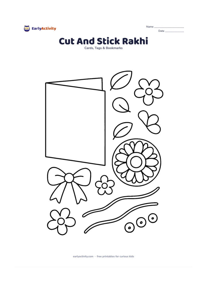 Worksheet: Lay out a card-making activity with a large blank card shape, a separate oversized rakhi medallion, two long thread pieces, beads, a bow, flowers, and leaves arranged around it as…