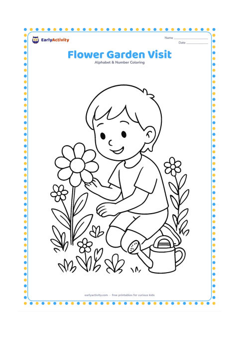 Colouring page: Draw a child kneeling in a garden while gently looking at a large flower, with several different flowers, leafy stems and a small watering can nearby. Keep the child's expression happy…